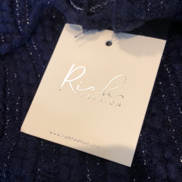 Riah Fashion Navy & Metallic Silver Fringed Knit Poncho (OS) - Picture 6 of 6